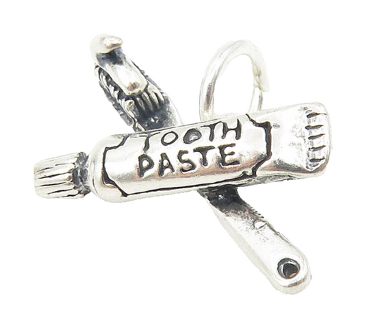 925 Sterling Silver  Vintage Petite Tooth Brush & Toothpaste Pendant  PT9062