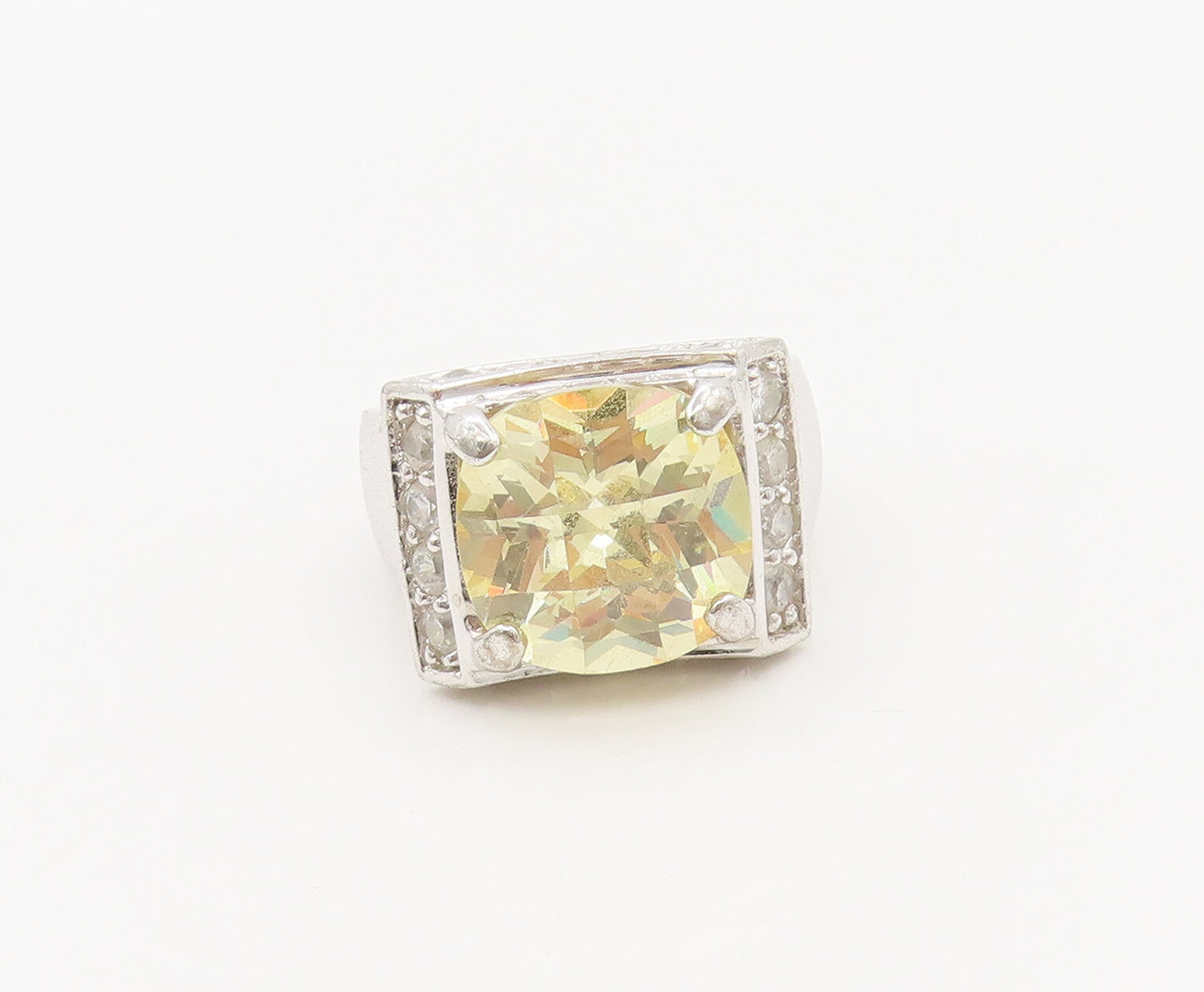 925 Sterling Silver  Vintage Yellow CZ Halo White CZ Solid Ring Sz 6  RG27384