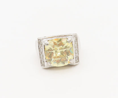 925 Sterling Silver  Vintage Yellow CZ Halo White CZ Solid Ring Sz 6  RG27384