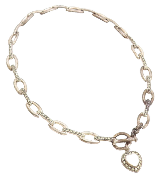 925 Silver  Vintage Mother Of Pearl & Marcasite Heart Chain Necklace  NE1699