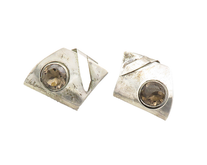 925 Sterling Silver  Vintage Smoky Topaz Modernist Folded Drop Earrings EG6355