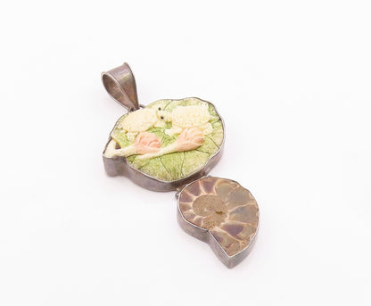 925 Sterling Silver  Vintage Ammonite Snail Shell Turtles Pendant  PT16417