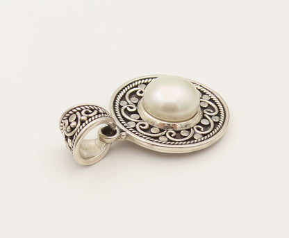 BALI 925 Silver  Vintage Swirl Flower & Freshwater Pearl Pendant  PT21966