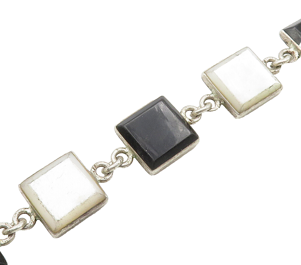 925 Sterling Silver Vintage Mother Of Pearl & Black Onyx Chain Bracelet BT6267