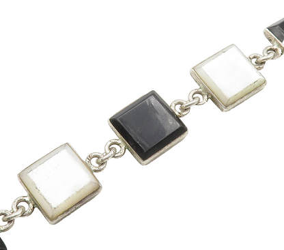 925 Sterling Silver Vintage Mother Of Pearl & Black Onyx Chain Bracelet BT6267