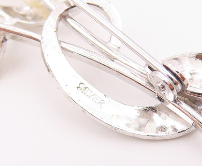 925 Sterling Silver  Vintage Cultured Pearls Leaf Stem Brooch Pin  BP9364