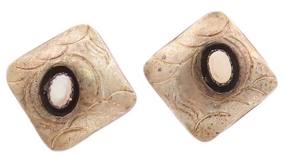 925 Sterling Silver Vintage Earrings NAVAJO Oval Gemstone Square Carved  EG12975