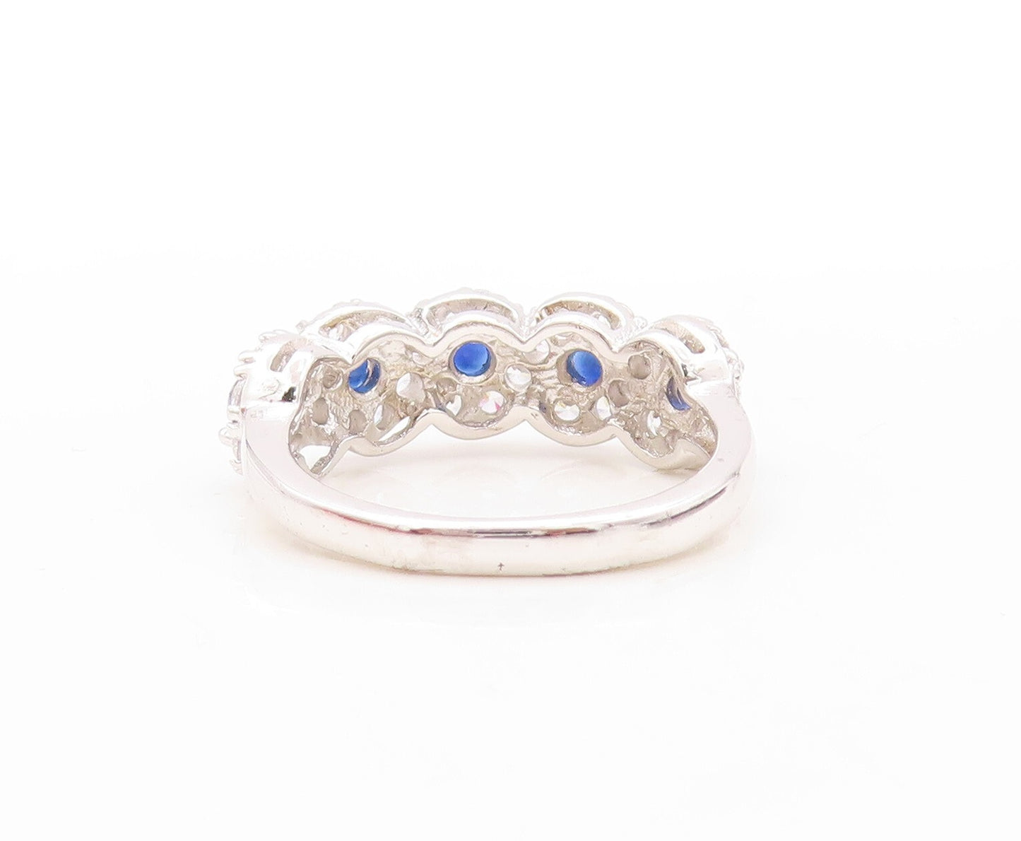 925 Sterling Silver Vintage Ring Sapphire & CZ Flower Band  Sz 7  RG30941