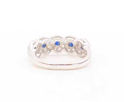 925 Sterling Silver Vintage Ring Sapphire & CZ Flower Band  Sz 7  RG30941