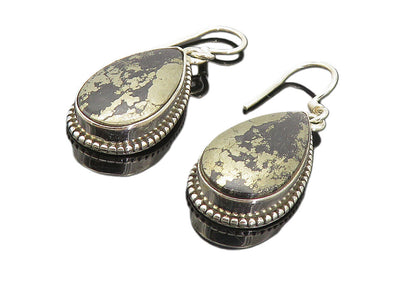 925 Sterling Silver  Vintage Black Onyx With Pyrite Tear Drop Earrings  EG3460