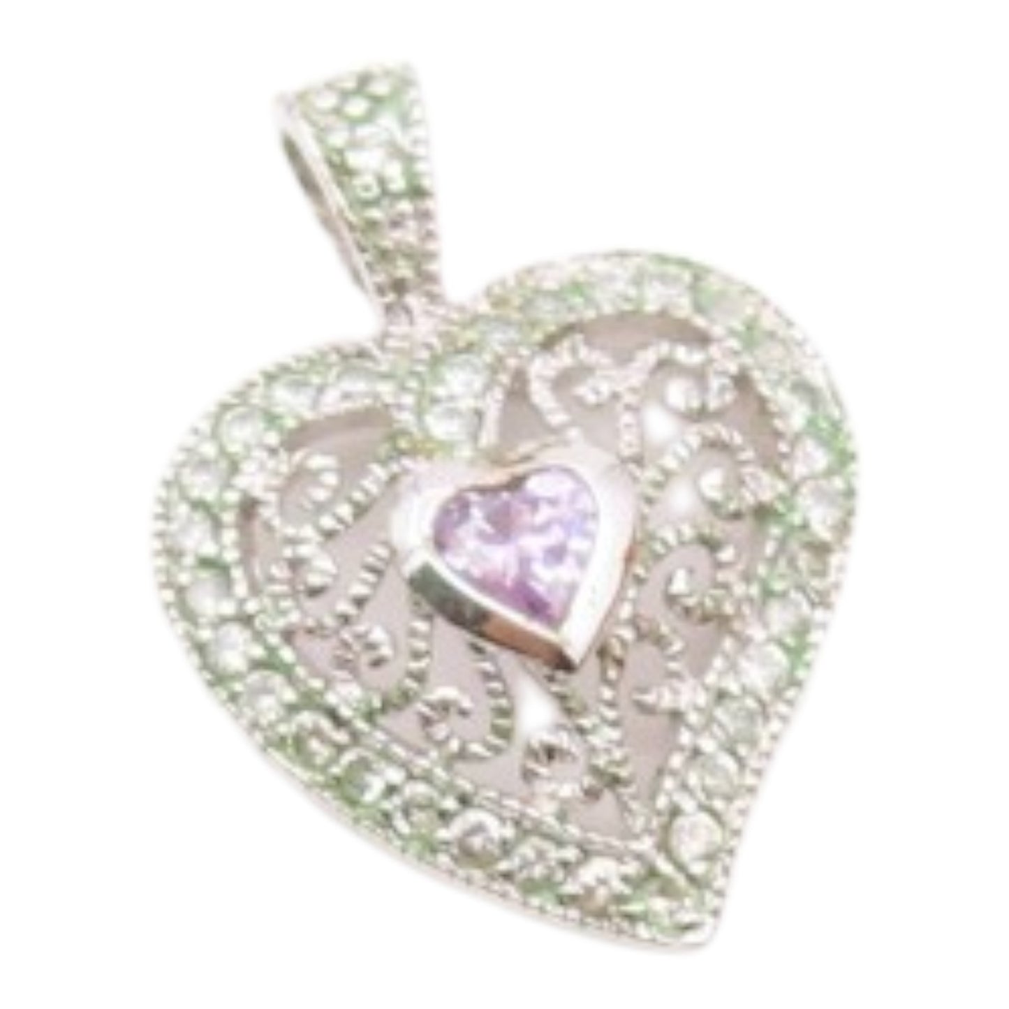 925 Sterling Silver  Vintage Quartz & Topaz Scroll Love Heart Pendant  PT20231