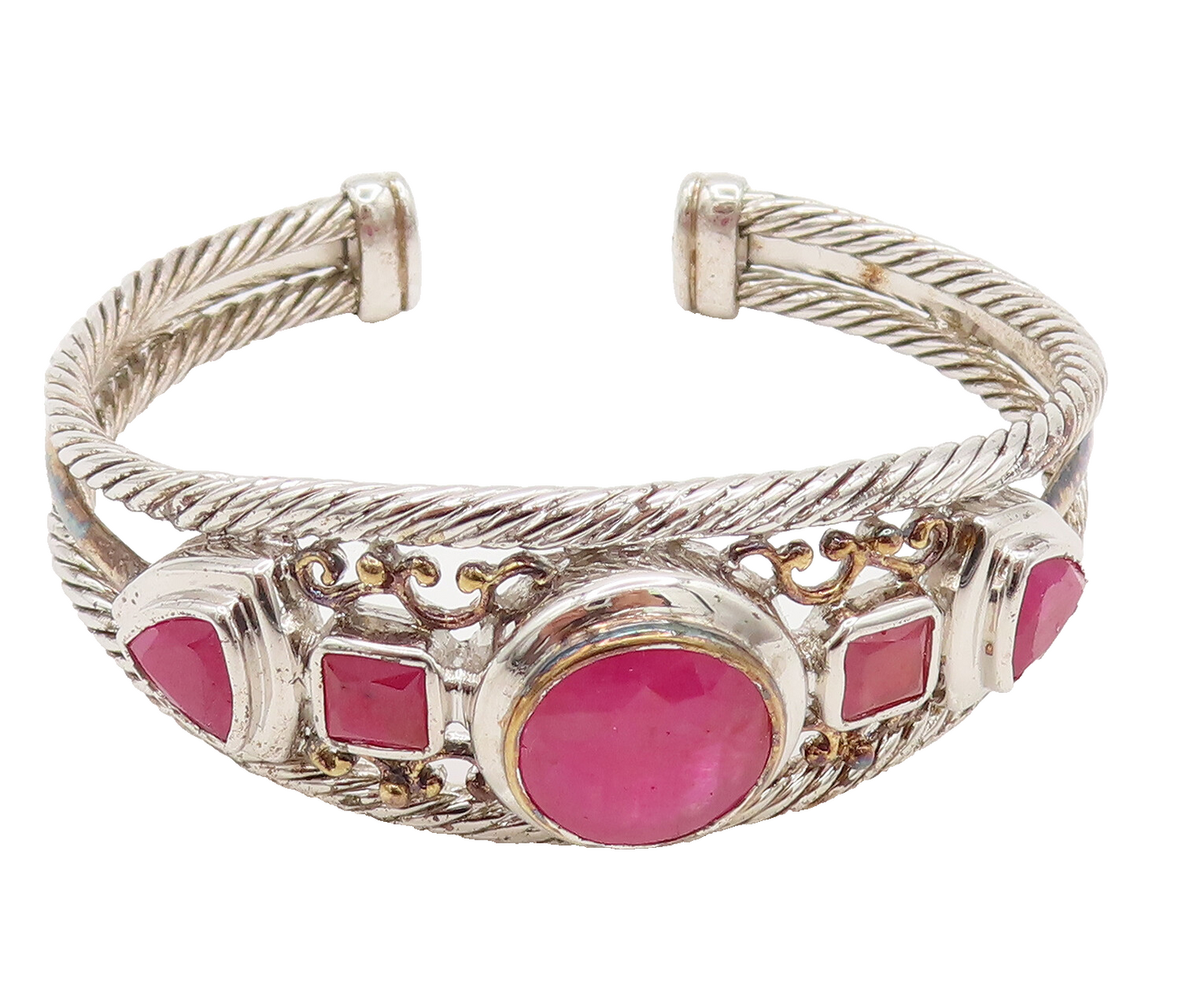 925 Silver  Vintage Two Tone Multi Shape Ruby Openwork Cuff Bracelet  BT9782