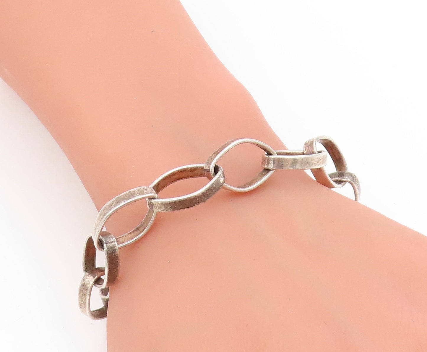 925 Sterling Silver Vintage Bracelet Chunky Interlocking Open Oval Link BT11724