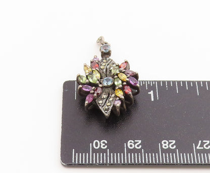 925 Sterling Silver Vintage Pendant Classic Multi Gemstone Floral Charm  PT26614