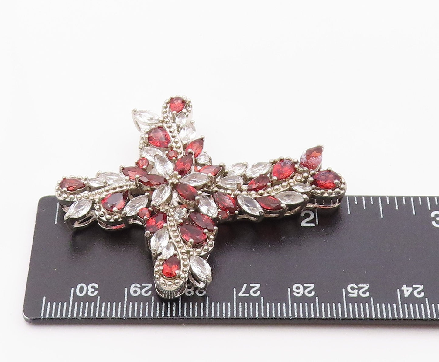 925 Sterling Silver Vintage Pendant Garnet & Topaz Religious Cross   PT26356