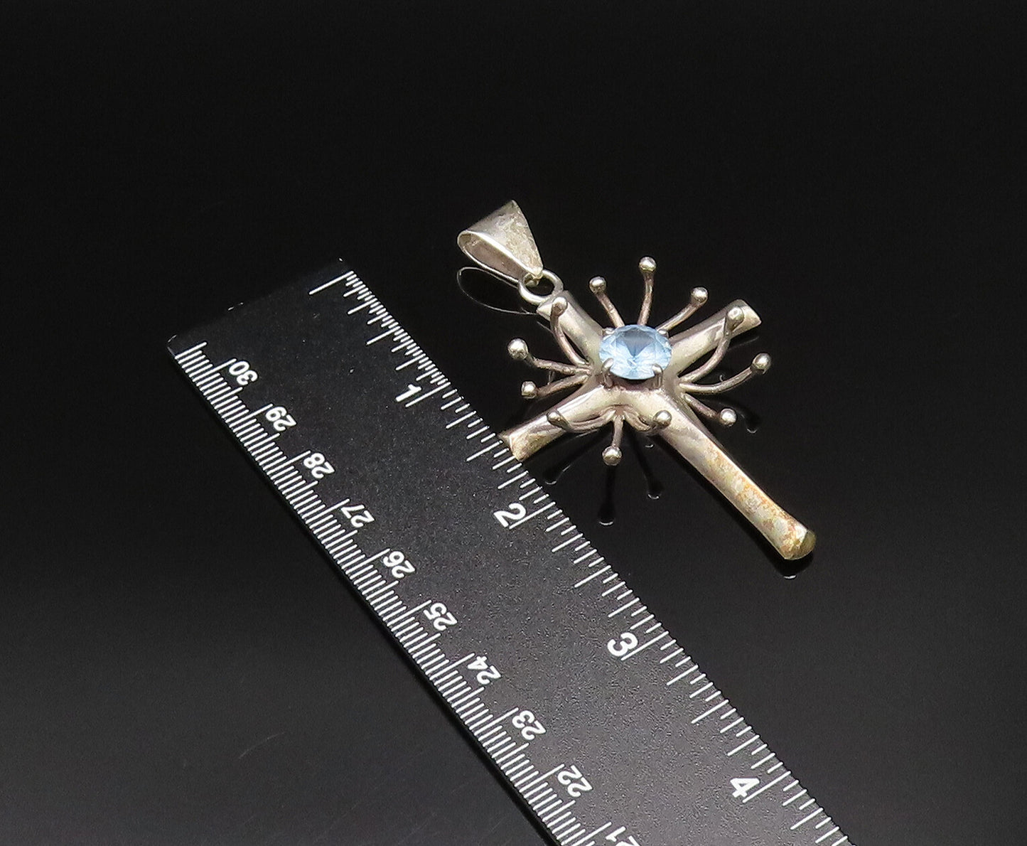 MB MEXICO 925 Silver  Vintage 3D Spiked Religious Cross Topaz Pendant  PT21578