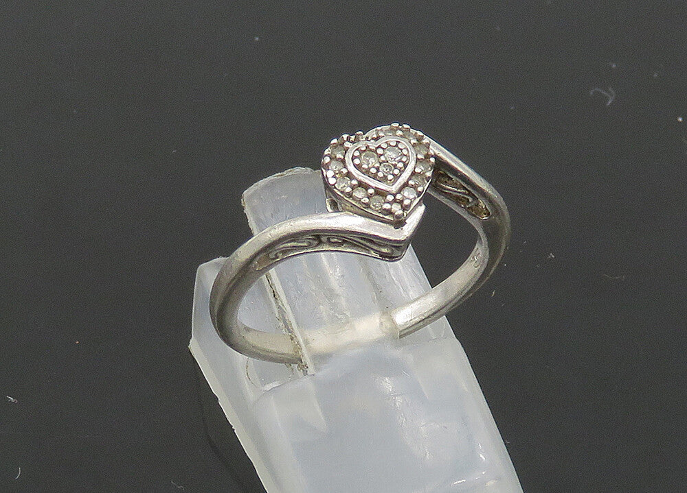 925 Sterling Silver  Vintage Genuine Diamonds Heart Band Ring Sz 7  RG20935