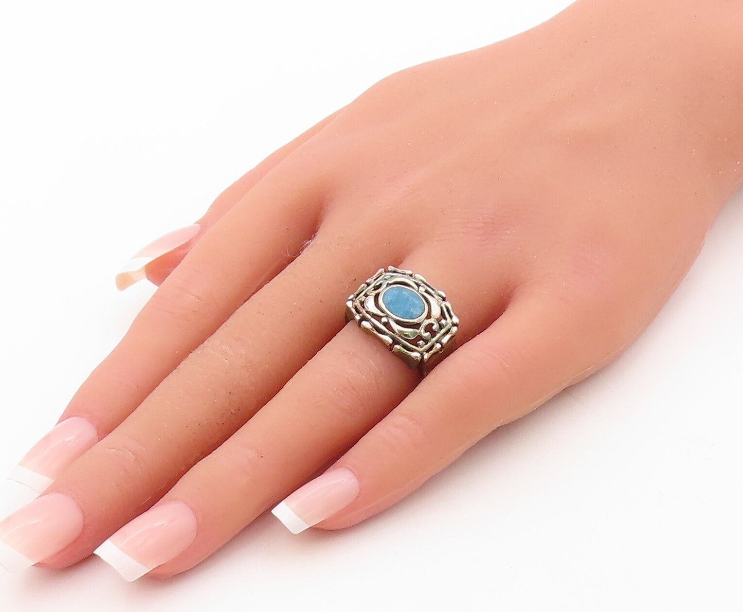 925 Sterling Silver Vintage Ring Brutalist Carved Oval Gemstone   Sz 8  RG30925