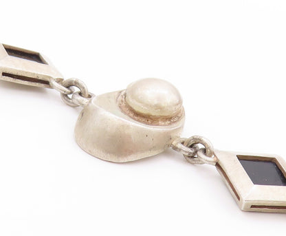 925 Sterling Silver Vintage Bracelet Square Onyx & Designer Sphere Links BT11253