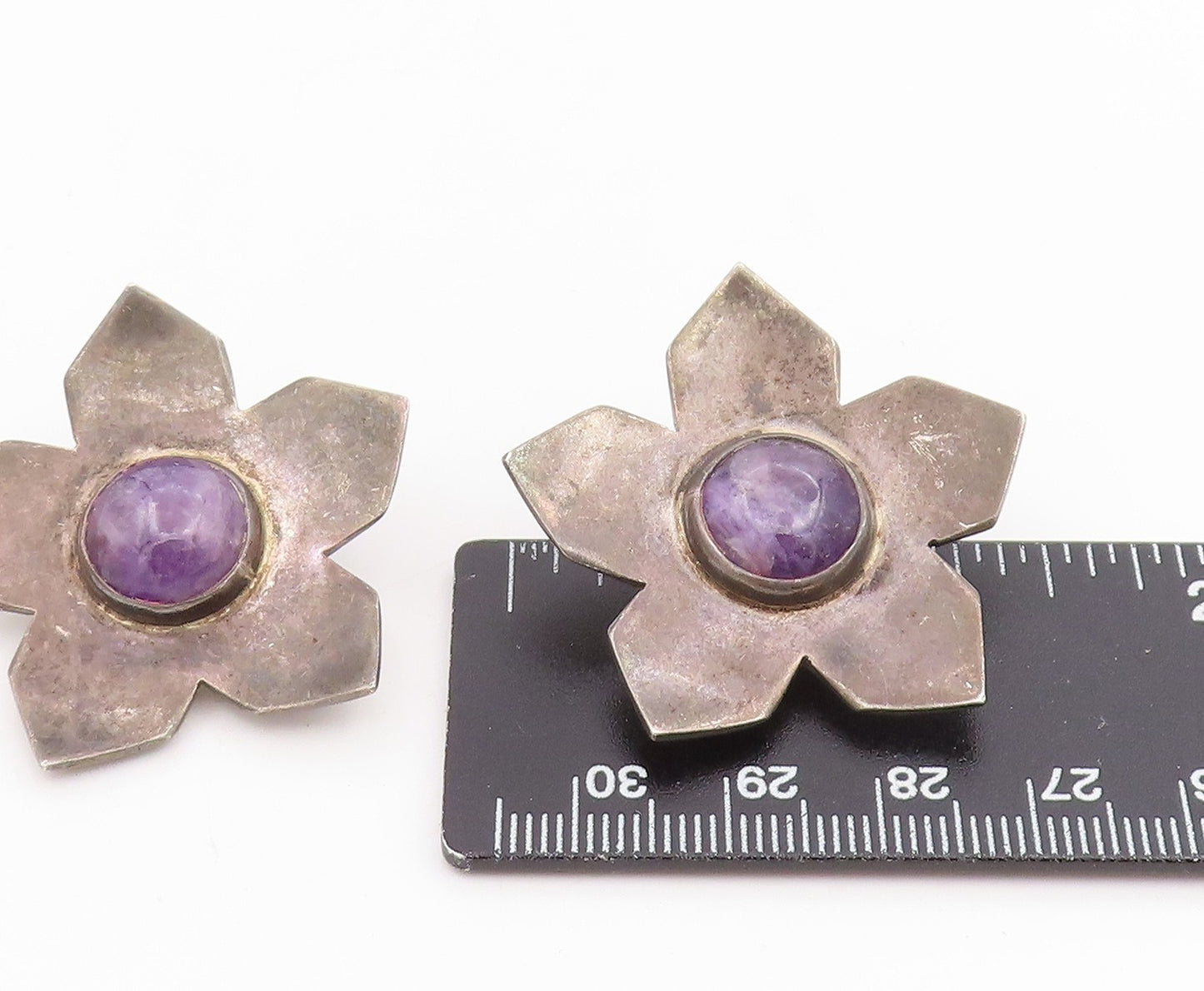 925 Sterling Silver Vintage Earrings MEXICO Cabochon Amethyst Flower  EG14093