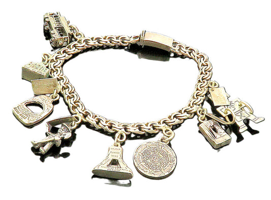 MEXICO 925 Sterling Silver Vintage Assorted Charms Chain Bracelet BT8306
