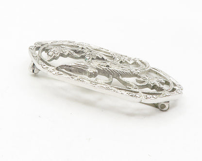 925 Sterling Silver  Vintage Sparkling Perched Bird Floral Brooch Pin  BP4379
