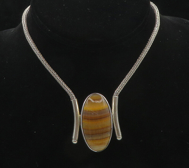 925 Sterling Silver  Vintage Cabochon Agate Shiny Wheat Chain Necklace  NE2855