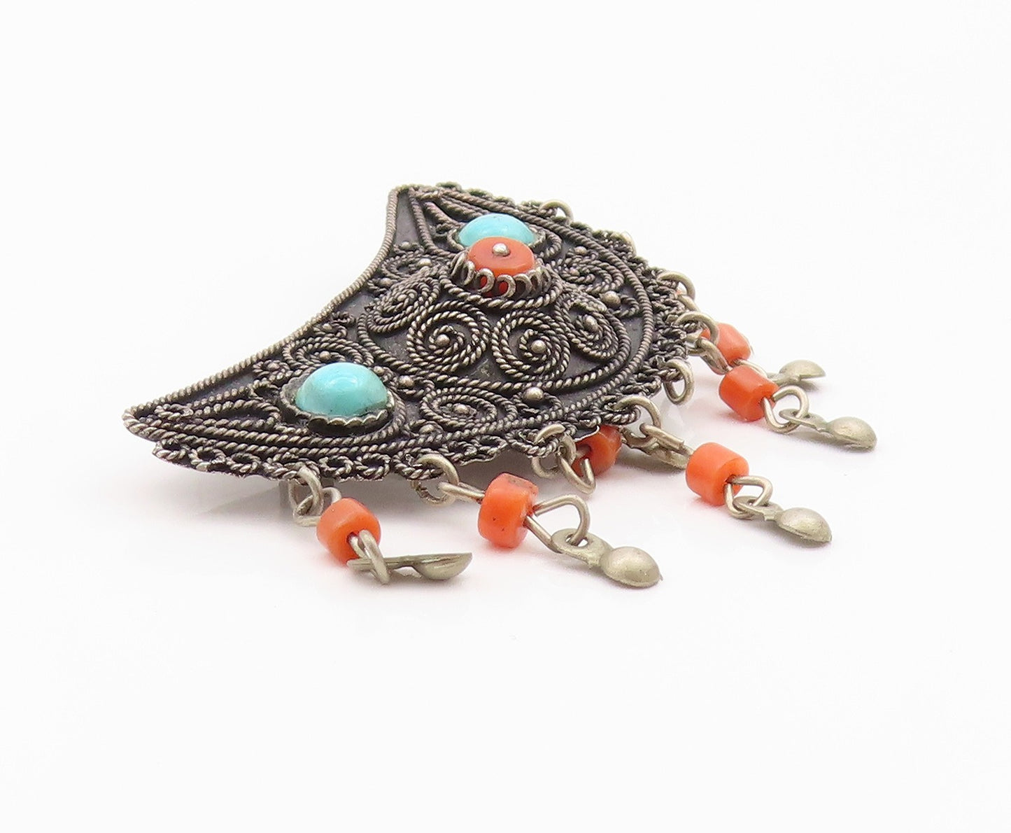 925 Sterling Silver Vintage Brooch ISRAEL Antique Turquoise & Carnelian  BP11653
