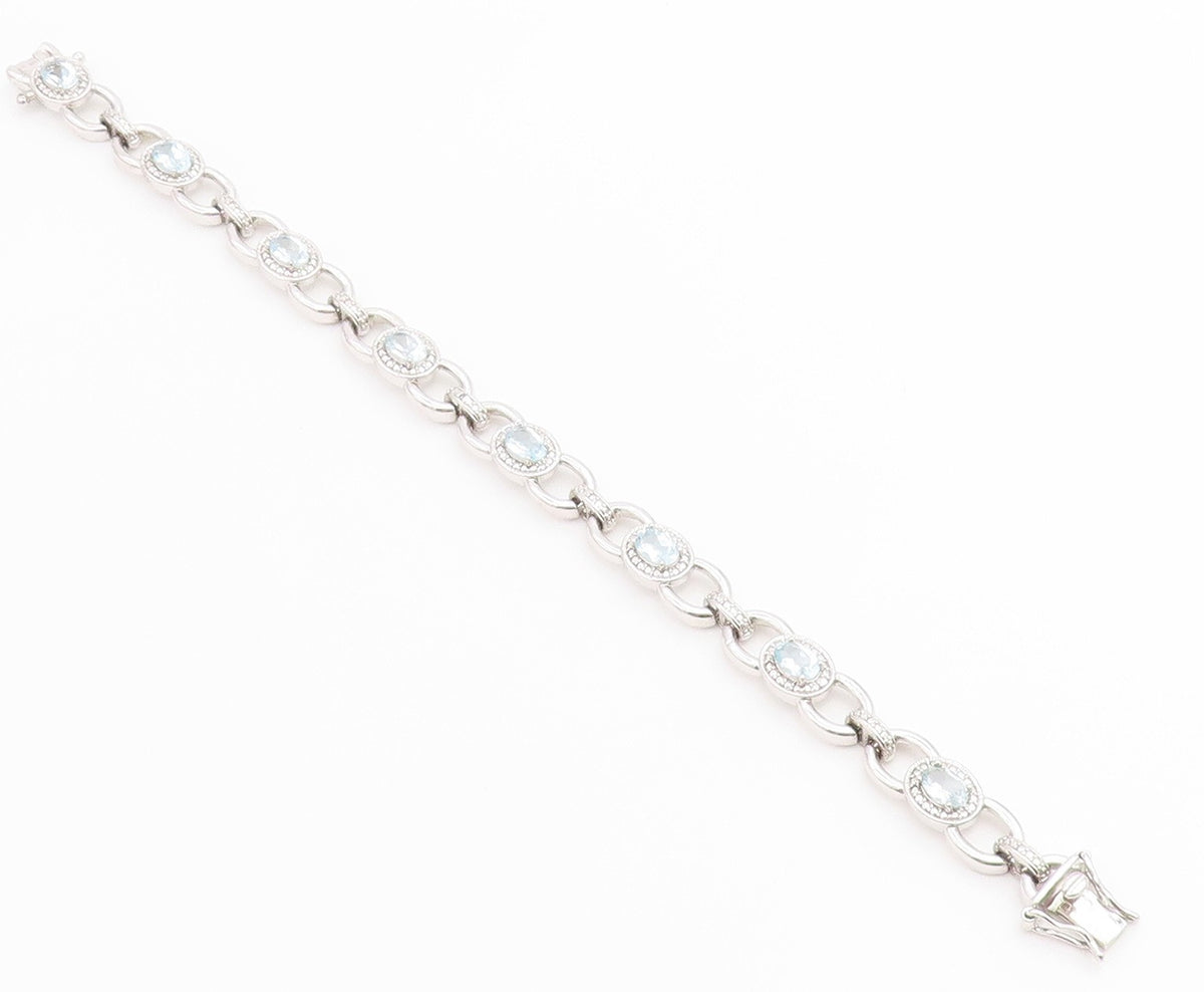 925 Sterling Silver Vintage Bracelet Oval Cut Blue Topaz Statement Chain BT12230