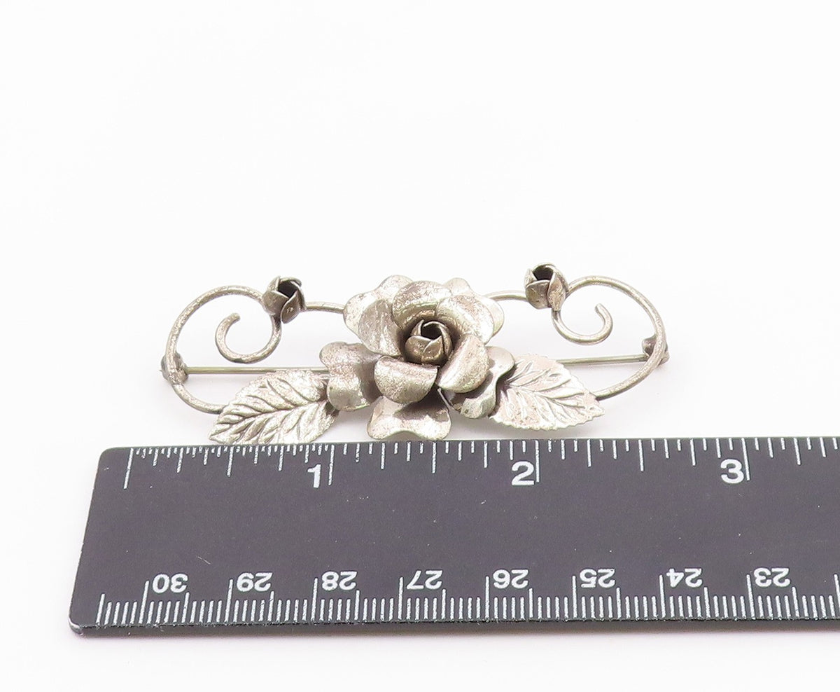 LANG 925 Sterling Silver Vintage Rose Flower Swirl Vine Motif Brooch Pin BP3873
