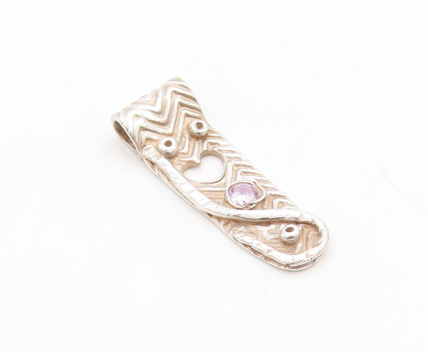 925 Sterling Silver Vintage Pendant Brutalist Design Cutout Heart & CZ  PT23709