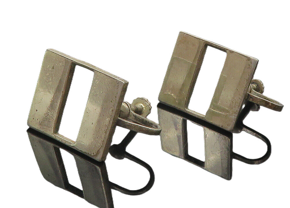 925 Sterling Silver  Vintage Cutout Square Non Pierce Screw On Earrings EG6233