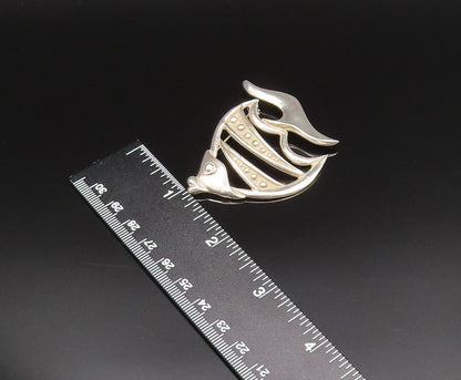 925 Sterling Silver  Vintage Carved Beaded Fish Cutout Brooch Pin  BP9571
