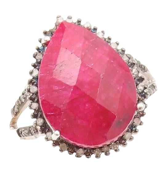 925 Sterling Silver Vintage Ring Diamonds & Round Pink Gemstone Sz 10.5 RG30324