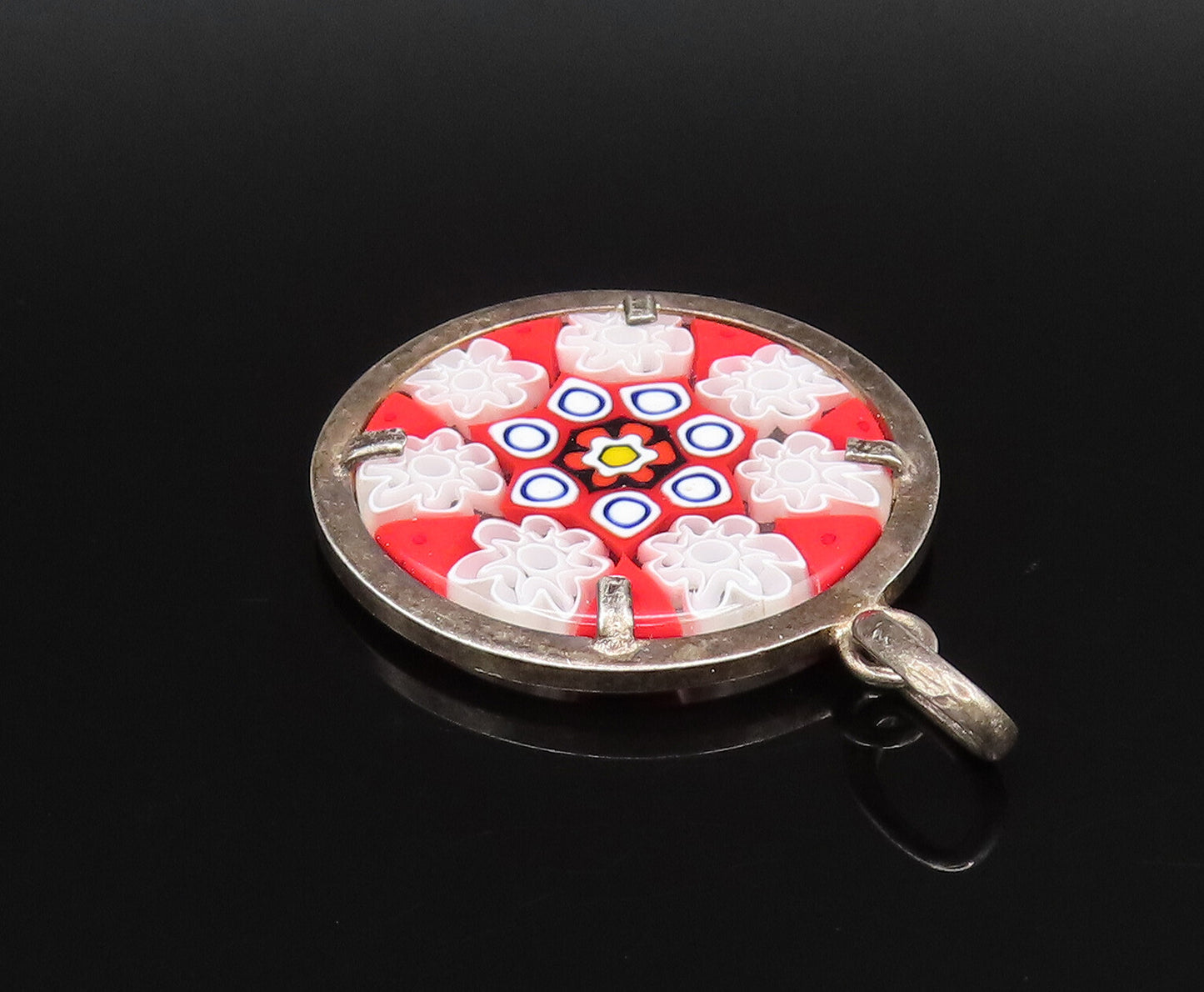 925 Silver  Vintage Double Sided Round Floral Art Glass Pendant  PT21295