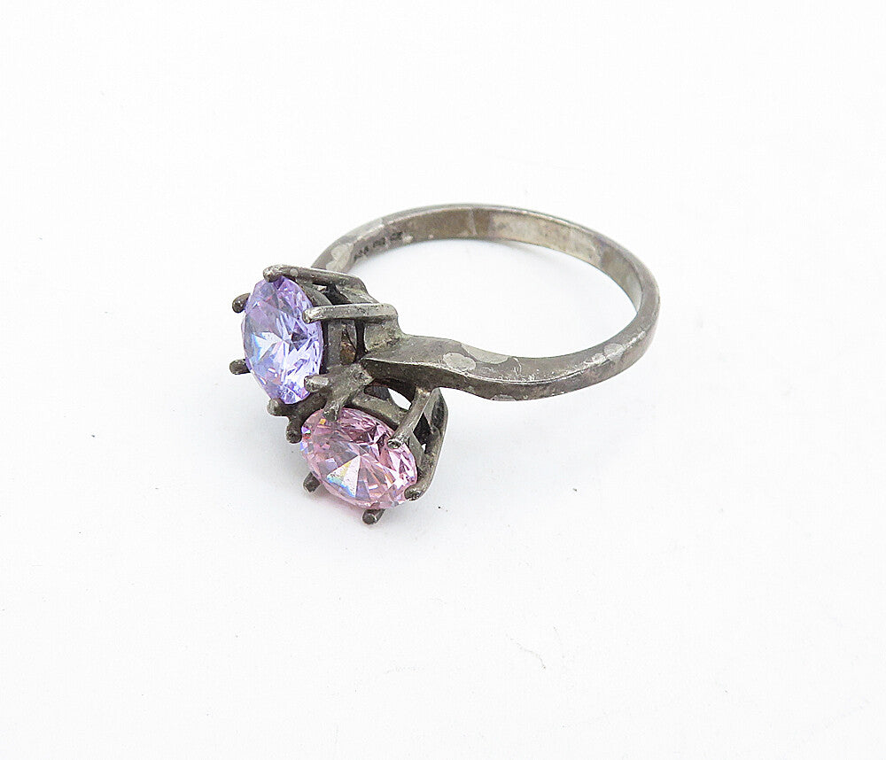 KOREA 925 Silver  Vintage Pink & Purple Cubic Zirconia Band Ring Sz 9  RG5517