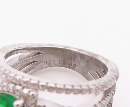 925 Sterling Silver Vintage Ring Cutout Band Green & White CZ Inlay Sz 7 RG30445