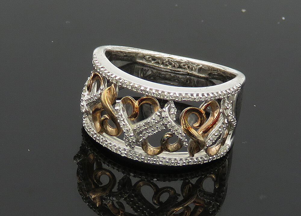 925 Silver  Vintage Shiny Genuine Diamonds Love Hearts Band Ring Sz 7  RG20863