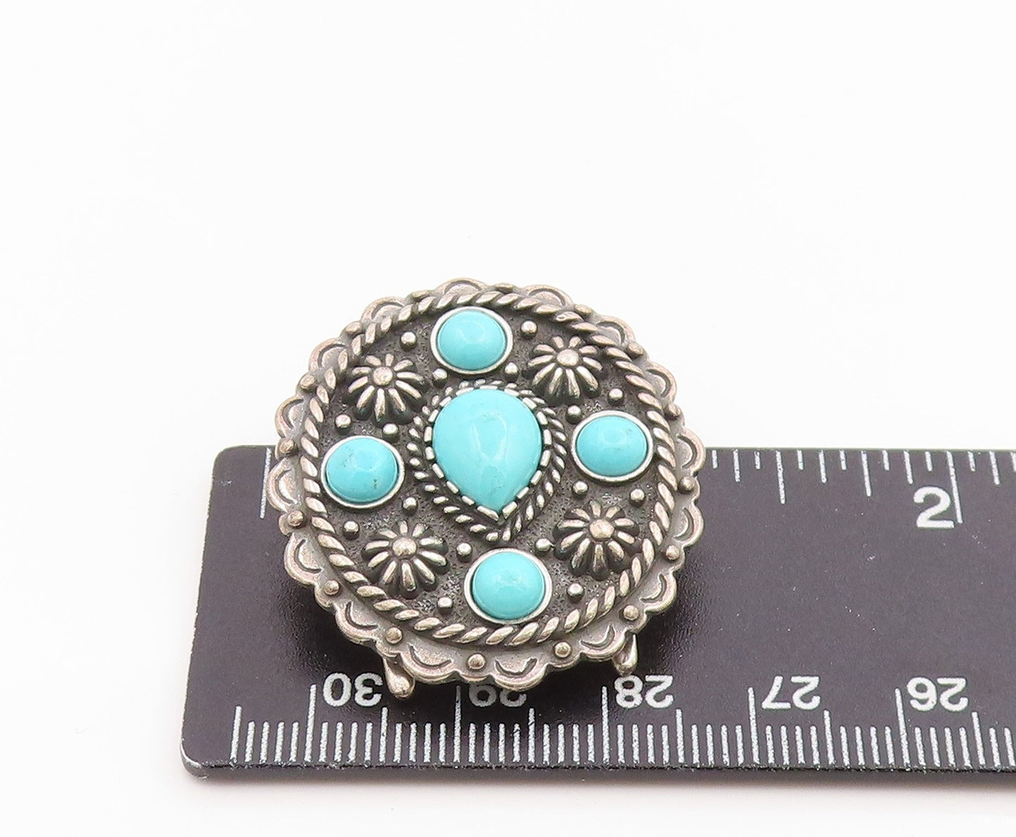 925 Sterling Silver Vintage Pendant CAROL FELLY Turquoise Concho Motif  PT26083