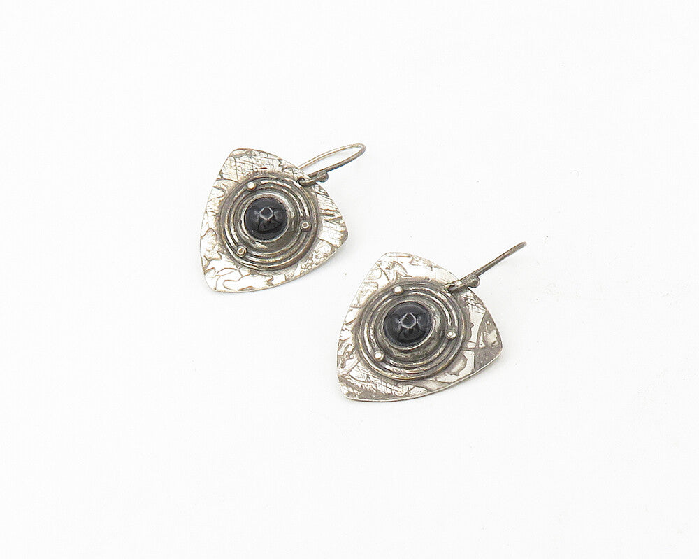 925 Sterling Silver  Vintage Cabochon Cut Black Onyx Drop Earrings  EG9390
