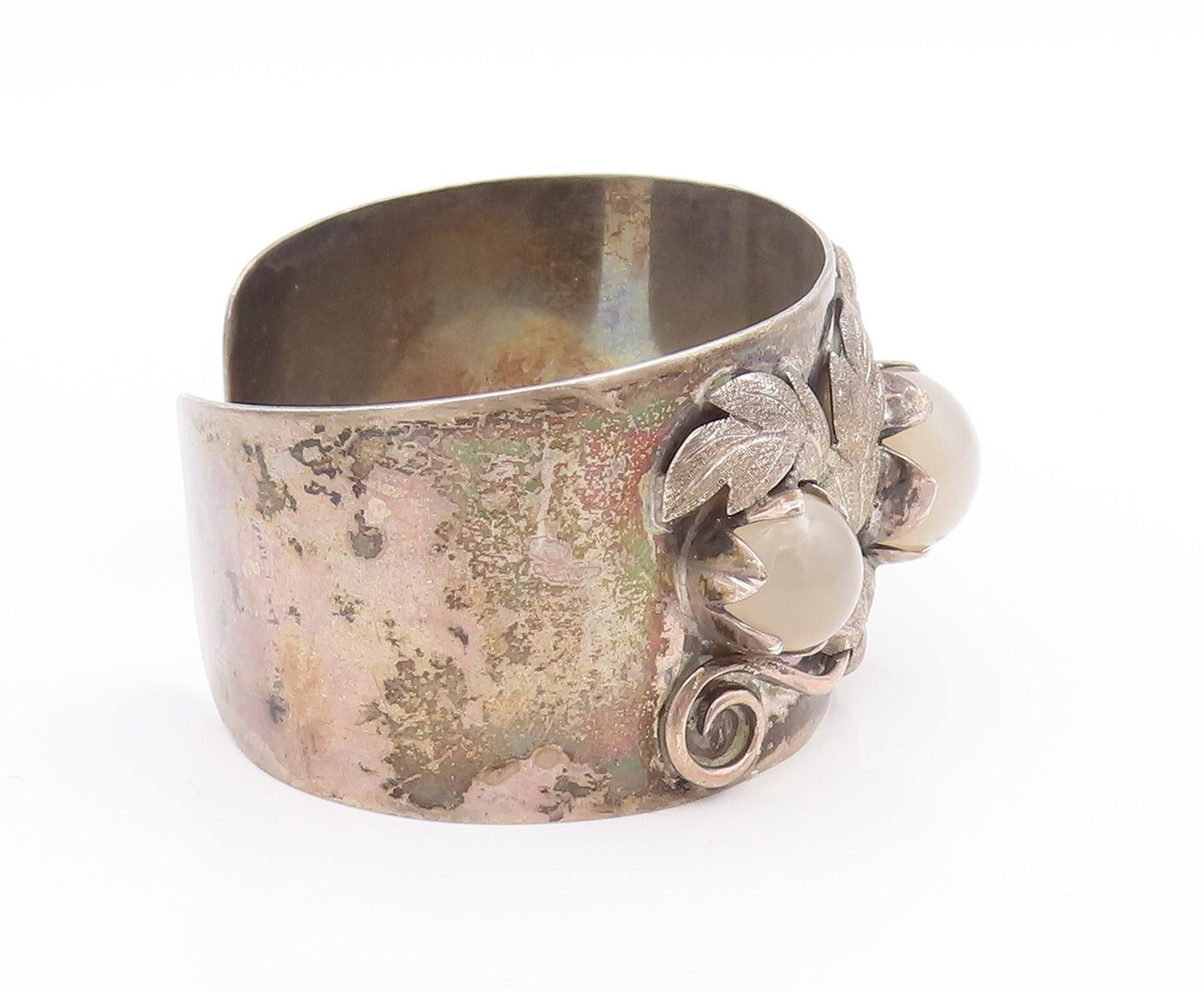 925 Sterling Silver Vintage Bracelet Cabochon Gemstone Floral Cuff  BT10701