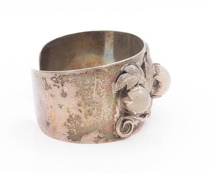 925 Sterling Silver Vintage Bracelet Cabochon Gemstone Floral Cuff  BT10701