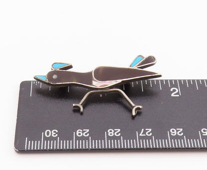 925 Sterling Silver Vintage Brooch NAVAJO ZUNI Onyx Larimar Running Bird BP11706