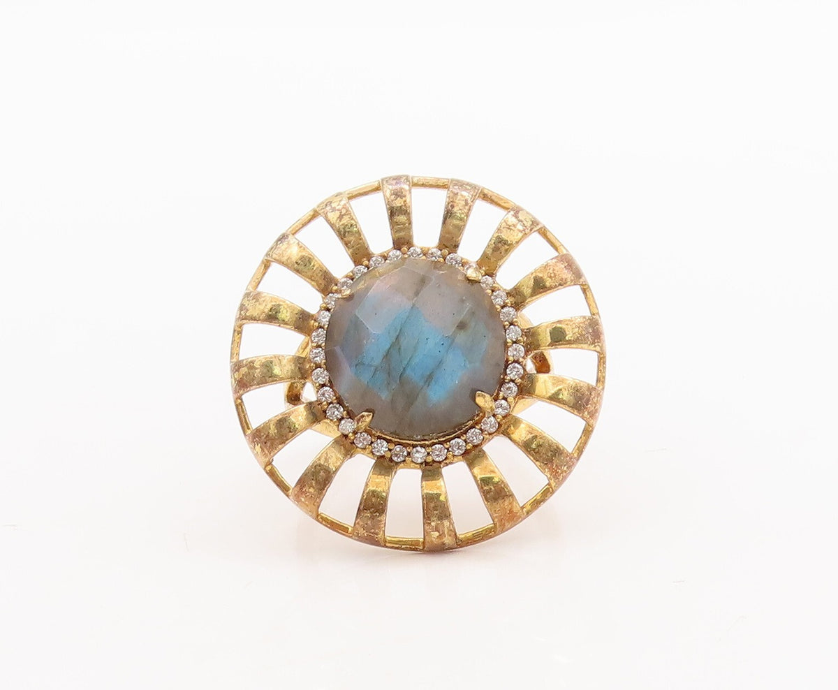 925 Sterling Silver Vintage Ring Gold Plated Alexandrite CZ Flower Sz 7 RG29574