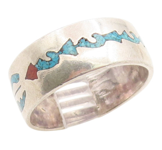 925 Sterling Silver Vintage Ring NAVAJO Turquoise & Coral Inlay  Sz 10  RG36193