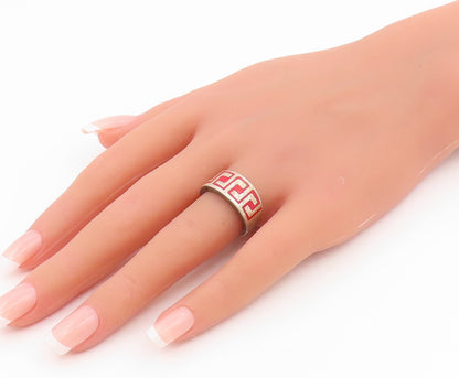 925 Sterling Silver Vintage Ring Enamel Greek Key Pattern Band  Sz 7  RG35413