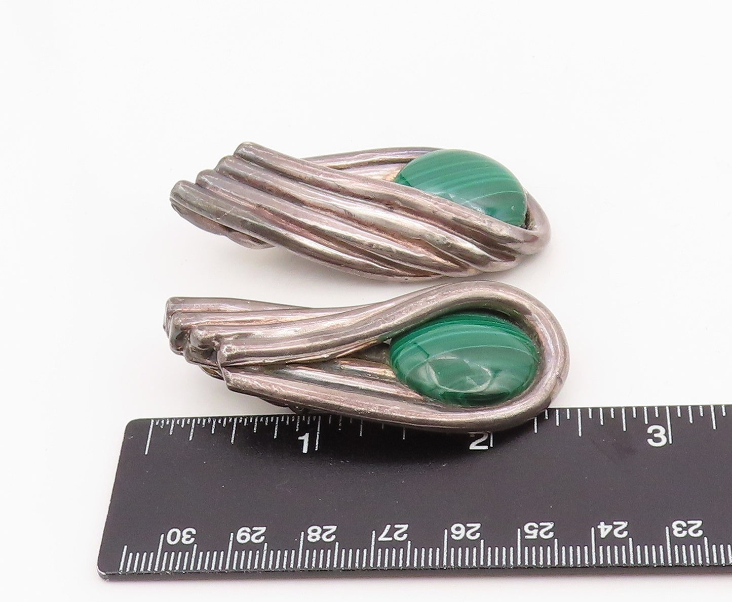 925 Sterling Silver Vintage Earrings Malachite Bold Swirly Large Clip On EG14025