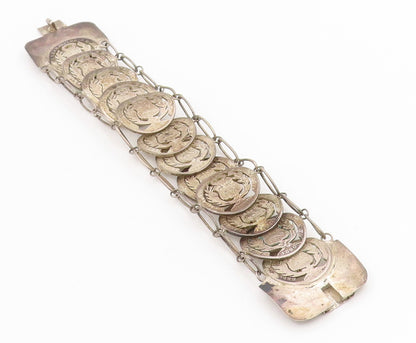 925 Sterling Silver Vintage Bracelet Antique Peruvian Cut Out Coin Link  BT11571