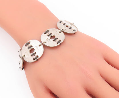 925 Sterling Silver Vintage Bracelet Designer Stitched Coin Ring Links  BT10463