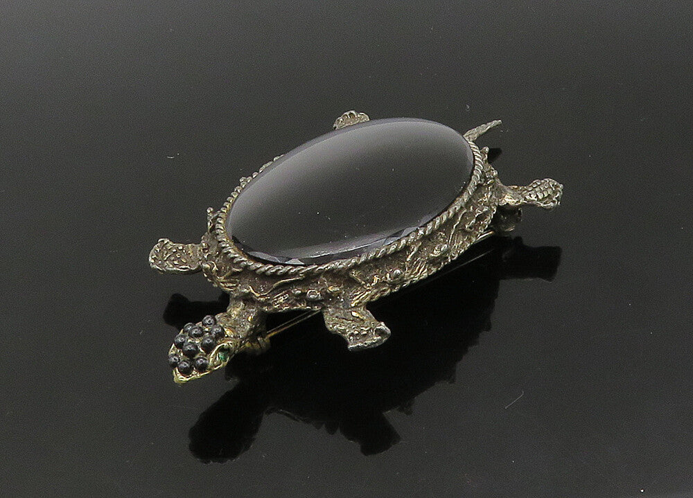 925 Sterling Silver  Vintage Black Onyx Sea Turtle Motif Brooch Pin  BP8924
